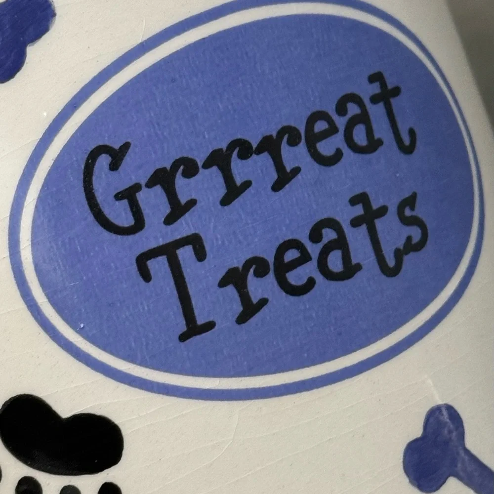 Ceramic “Grrreat Treats” Dog Treat Jar With Lid In White, Black, Blue, Red